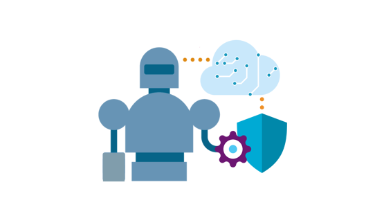 Illustration of a robot linked to cloud computing, a gear icon, and a security shield.