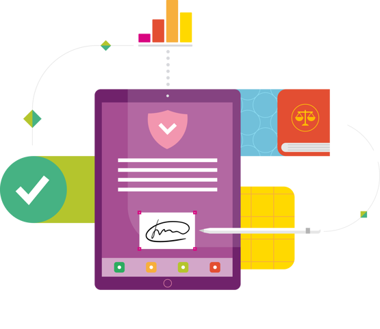 Illustrative design of a legal contract on a tablet, a legal book, a graph and a tick