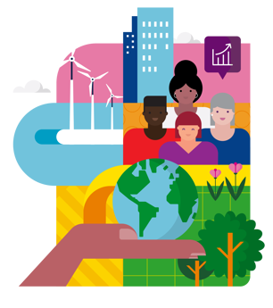 A colourful illustration showing four people standing in front of city buildings and wind turbines, with a speech bubble containing an upward graph. In the foreground, a large hand holds a globe, surrounded by plants, flowers, and trees, symbolising sustainability and community.