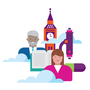 Illustration of two people in front of an open book, with a clock tower, clouds, a microscope, and a capsule behind them.