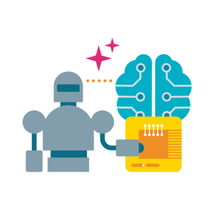 Illustration of a grey robot connected to a blue brain with circuit lines and a yellow microchip, with pink sparkles above.