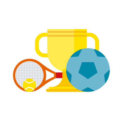 Illustration of an orange tennis racket and a yellow tennis ball next to a yellow trophy and a blue football.