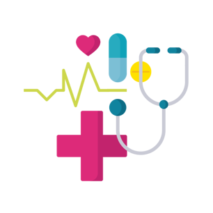 Illustration of medical symbols including a fuchsia cross, a green ECG line, a fuchsia heart, a blue and a yellow pill, and a grey and blue stethoscope, representing healthcare.