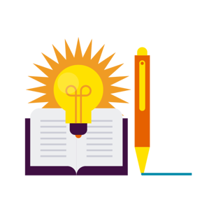 Illustration of an open purple and white notebook with a glowing yellow light bulb building and sun rays above it, symbolising ideas and learning. A yellow and orange pen is placed on the right, writing a blue line.