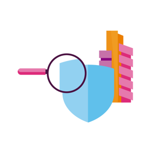 Illustration of a blue shield with a magnifying glass over it and a stack of orange and pink blocks, symbolizing security and analysis.