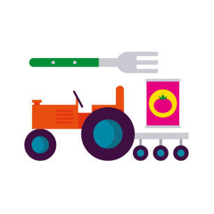 Illustration of a large green and silver fork place above a red and orange tractor carrying a bright fuchsia can with a yellow circle and a tomato icon on it.